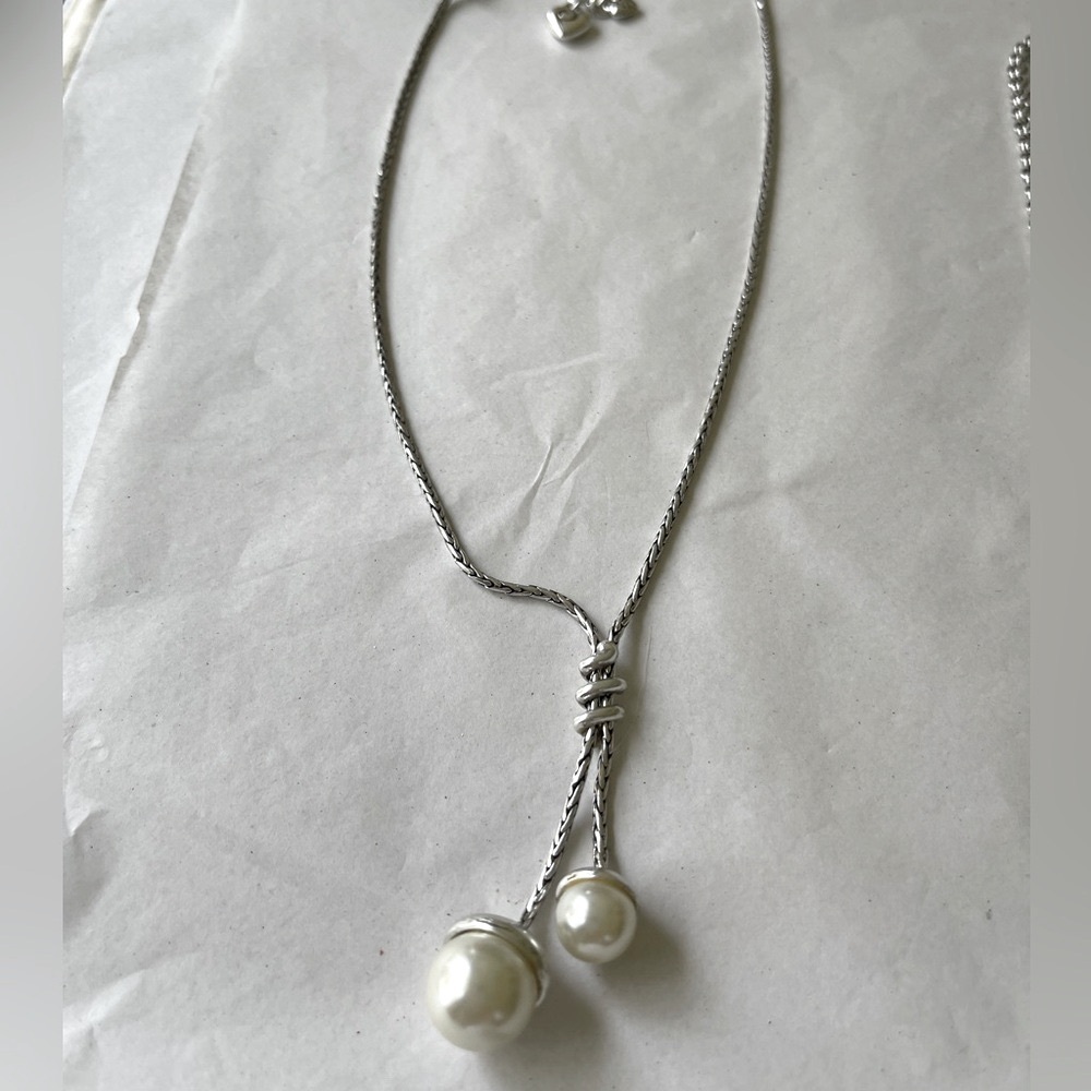 Silver Double Pearl Drop Lariat Necklace – Sculptural Y-Style by Brighton